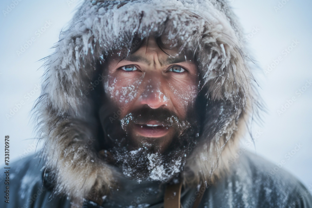 A happy man traveler in the arctic. Ice and snow on eyelashes, face and clothes. Cold polar climate. Extreme travel and expeditions to the Arctic. A happy man traveler in the arctic. Ice and snow on eyelashes, face and clothes. Cold polar climate. Extreme travel and expeditions to the Arctic.