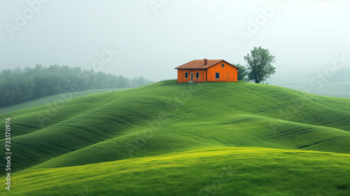An isolated vibrant red house stands out amidst a vast expanse of misty green hills, portraying a stark contrast and a sense of remote solitude in nature. photo