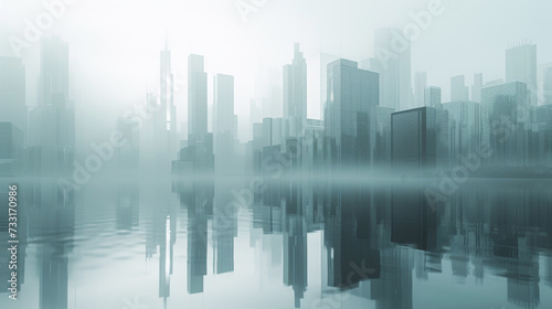 3d cityscape on a lake with large buildings.