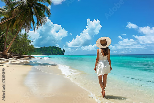 Woman in white dress enjoys at tropical beach on vacation.