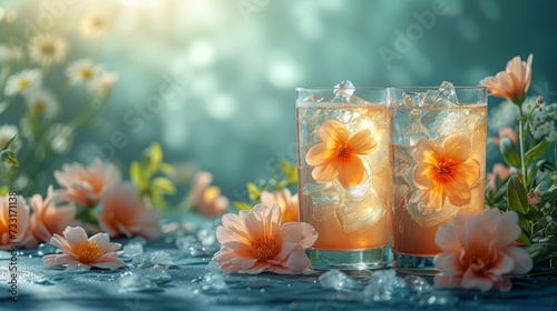 Delicate floral accents complement summer cocktails against a minimalist back...
