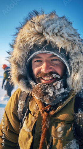 A happy man traveler in the arctic. Ice and snow on eyelashes, face and clothes. Cold polar climate. Extreme travel and expeditions to the Arctic.