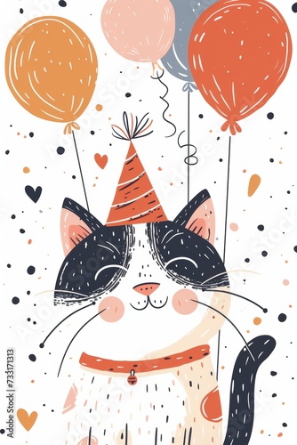 modern doodle illustration happy birthday cat