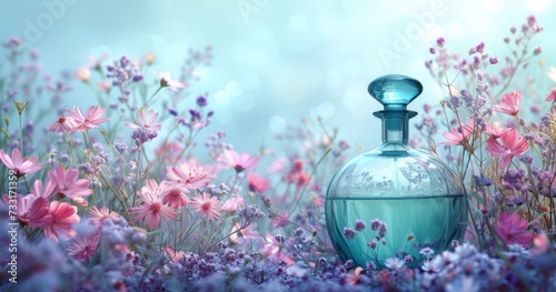 perfume bottles in colorful floral arrangement