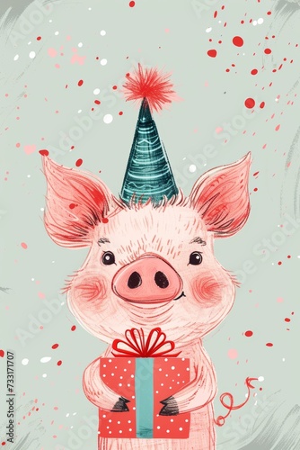 modern doodle illustration happy birthday pig