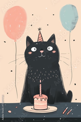 modern doodle illustration happy birthday cat