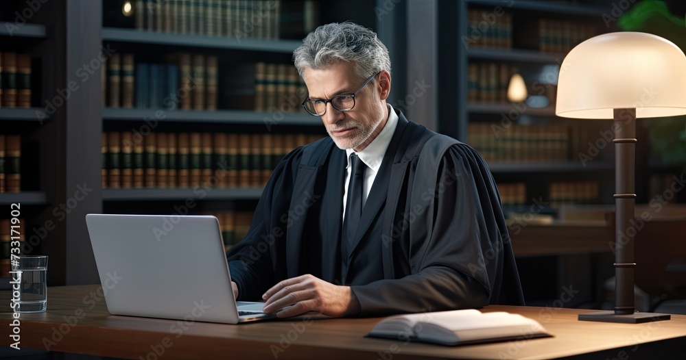 Portrait of judge in office, typing on laptop and planning online research for project at tribunal Internet.