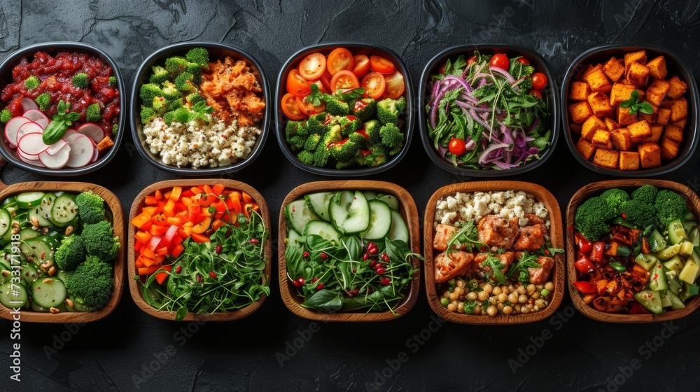 Freshly prepared meals featuring colorful ingredients, encouraging mindful eating - obrazy, fototapety, plakaty 