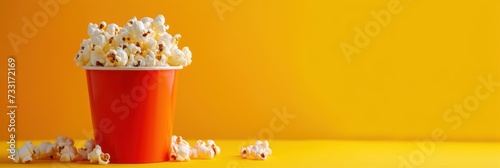 A bucket of popcorn on a bright yellow background, movie snack, ideal for cinema concession promotions, movie-themed parties, or as a joyful representation of the film-watching experience. photo