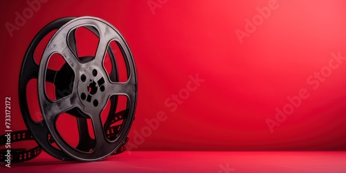 Banner with a vintage film reel against a vivid red background, perfect for a film festival brochure cover, a cinema-themed party invitation, or a decorative piece for a movie enthusiast's collection. photo