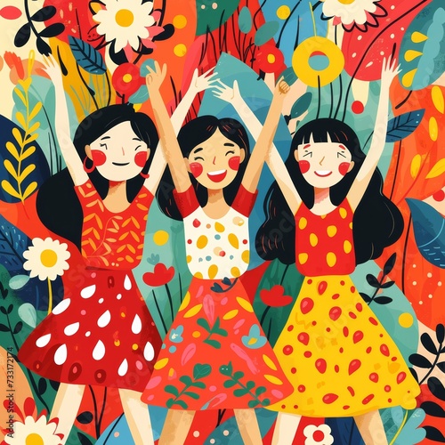 modern flat illustration happy 3 women