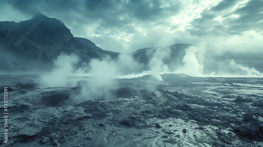Geothermal energy wells releasing steam in volcanic landscapes, tapping into the Earth's heat