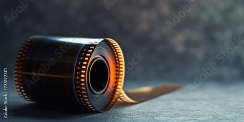 A roll of film unfurling against a blurred background, symbolizing the unfolding of stories, perfect for marketing new film releases, celebrating cinematic achievements, or for educational materials 