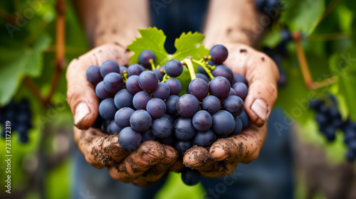 Male farmer's hands holding harvested grapes.