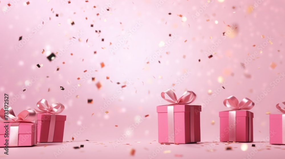 pink gift and confetti flying and falling. festive, christmas texture, background. birthday card. place for text.