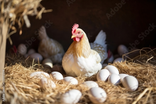 A hen lays eggs at a chicken coop in a group of chickens at a bio farm.