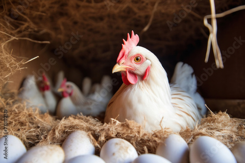 A hen lays eggs at a chicken coop in a group of chickens at a bio farm.