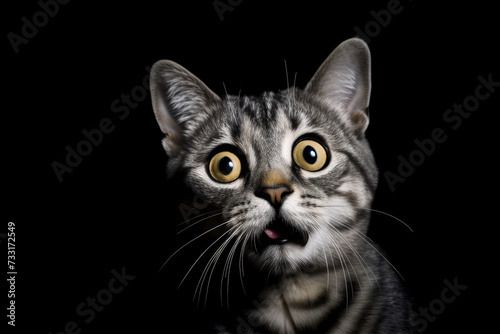 Funny surprised cat isolated on black background. Studio portrait of a cat with amazed face. © ita_tinta_