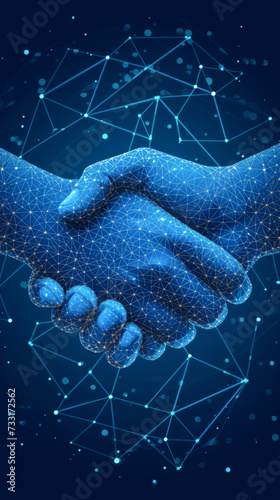 Handshake of two people. Polygonal wireframe mesh on a dark blue background. 