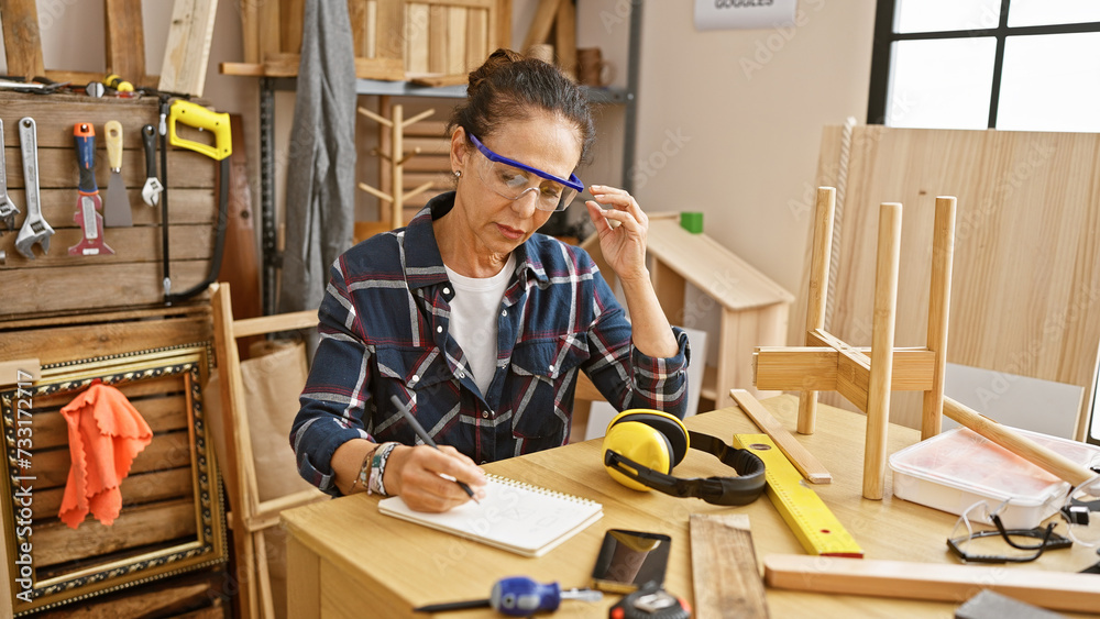 A middle-aged hispanic woman sketches in a well-equipped carpentry workshop, surrounded by tools and wood pieces.