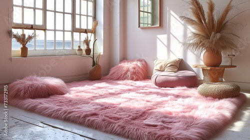 Fluffy pink rugs and cushions scattered across the floor, adding warmth and c...
