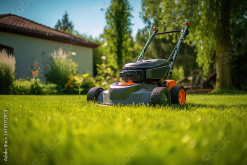 A lawn mover on green grass in modern garden. Machine for cutting lawns.