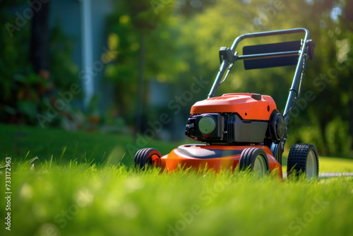 A lawn mover on green grass in modern garden. Machine for cutting lawns.