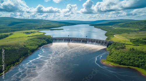 Hydropower dam spanning a river valley, providing clean energy to surrounding communities photo