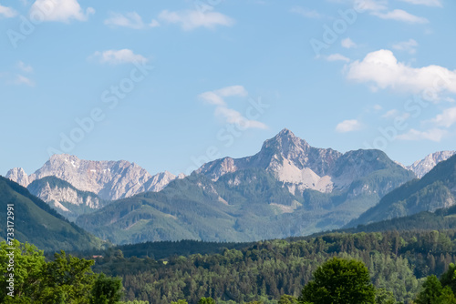 Scenic view of majestic mountain peaks of Karawanks seen from Feistritz im Rosental, Carinthia, Austria. Majestic Wertatscha and Kosiak summit in summer. Hiking in alpine wilderness Austrian Alps