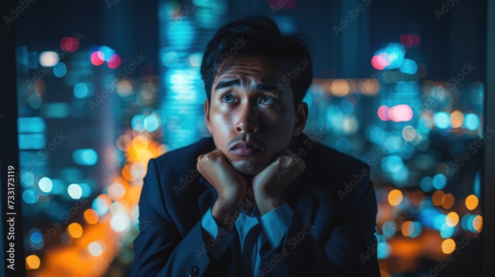 sad, stressed and hopeless businessman with his work at office at night. sad, stressed and hopeless businessman with his work at office at night.