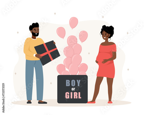 Gender reveal party. Its a girl. Couple opening surprise gift box with inscription Boy or girl. African family expecting unborn child. Pink balloons. Baby shower. Vector illustration in cartoon style.
