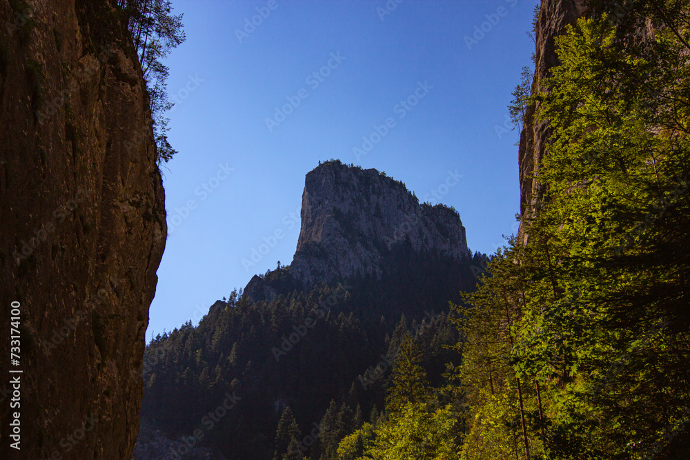 Massive rock named Altar Stone (Piatra Altarului), impressive by its verticality, famous for the alpine climbing at the entrance to Bicaz Gorges (Romanian: Cheile Bicazului), Transylvania, Romania