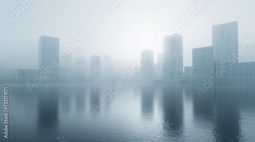 3d cityscape on a lake with large buildings.