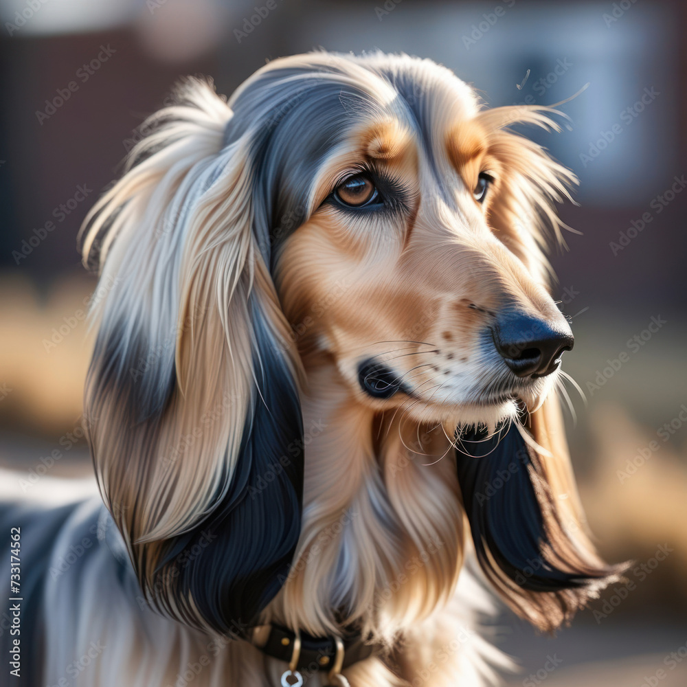 A beautiful Afghan hound dog head portrait. Generative AI