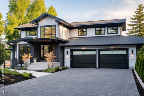 A luxurious new construction home, Modern style of home with car garage. © Wararat