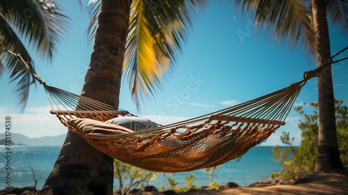 A top view of a hammock suspended between two palm trees against a clear sky blue background, inviting you to unwind and sway gently in the breeze