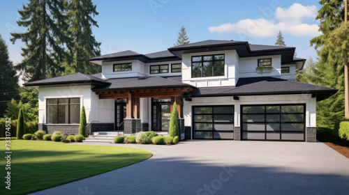 A luxurious new construction home, Modern style of home with car garage. © Wararat