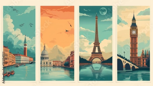 Set of Travel Destination Posters in retro style. Paris, France, London, England, Venice, Italy prints. European summer vacation, holidays concept. Vintage vector colorful illustrations