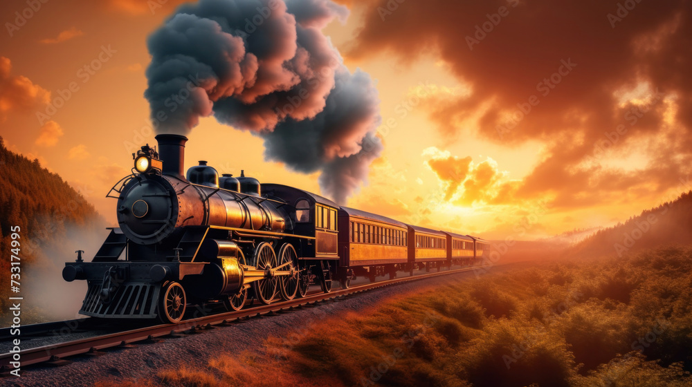 A vintage steam powered railway train in smoke. Steam locomotive with wagon drives in steam and smoke. - obrazy, fototapety, plakaty 