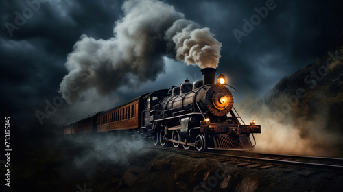 A vintage steam powered railway train in smoke. Steam locomotive with wagon drives in steam and smoke.