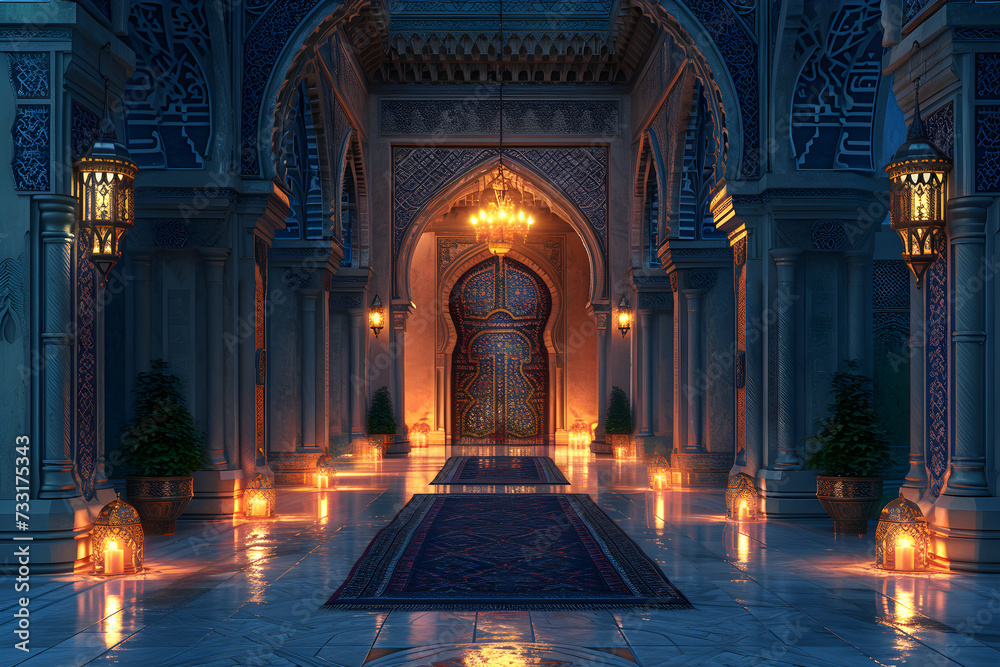 Abstract Islamic interior with a warm and inviting atmosphere, featuring traditional architectural elements and decorative lanterns. Suitable for religious or cultural events.