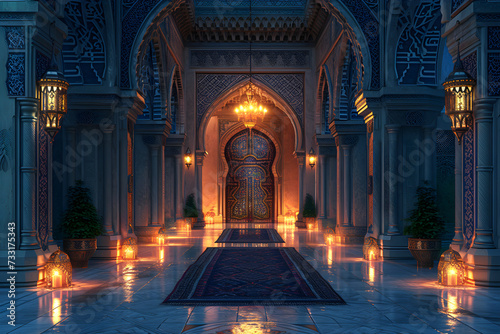 Abstract Islamic interior with a warm and inviting atmosphere, featuring traditional architectural elements and decorative lanterns. Suitable for religious or cultural events.