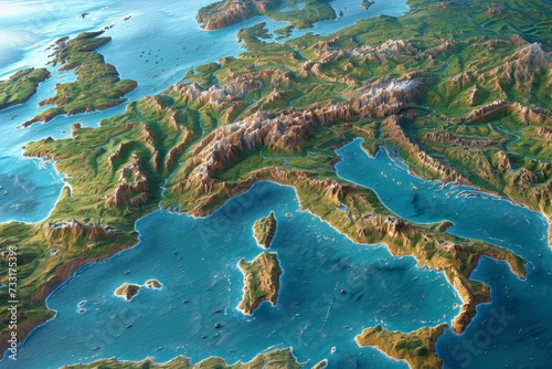 Top view of the Relief map of Europe. 3d illustration #733175393