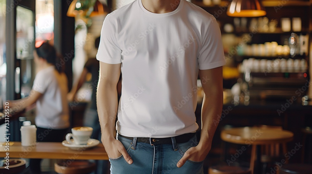 Young Model Shirt Mockup, man wearing white t-shirt in coffee shop in daylight, Shirt Mockup Template on hipster adult for design print, Male guy wearing casual t-shirt mockup placement