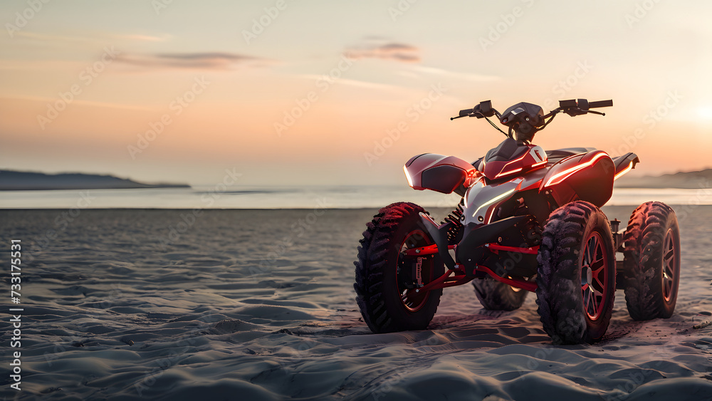 Off-Road Freedom: A Red and Black Electric Quad Bike on a Sandy Beach Off-Road Freedom: A Red and Black Electric Quad Bike on a Sandy Beach