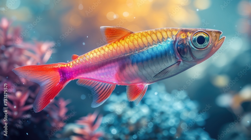 Neon Tetra fish with colorful aquarium background
