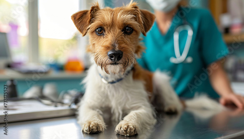 Dog and female vet in examination room. Health insurance for dogs, dog health check-up, dog vaccination, dog surgery. Pet health insurance. Veterinary costs and pet health care. Veterinary check-up.