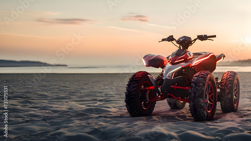 Off-Road Freedom: A Red and Black Electric Quad Bike on a Sandy Beach © 7day