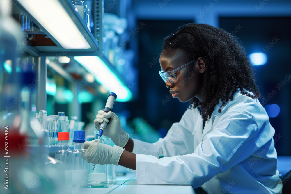African american female researcher carrying out scientific research in a lab
African american female researcher carrying out scientific research in a lab
