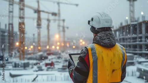 Engineer in white helmet and yellow vest standing on the roof on construction site with cranes, using his tablet, in the style of snow scenes. Generative AI.